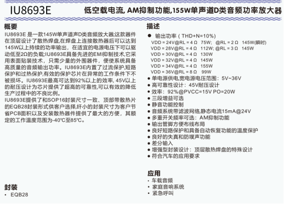 IU8693 + CS57066 + IU5208：155W单声道音响方案