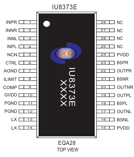 IU8373E  两种防破音模式，扩频模式，内置升压，双节锂电池串联供电，恒定2*17W输出功率R类立体声单频放大器