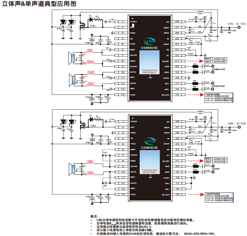 CS86820：供电5~13V,内置升压模块2x30W立体声,45W单声道R类音频功率放大器